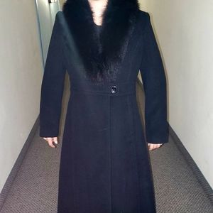 SACHI Genuine Fox Fur Collar Long Woll Blend Coat